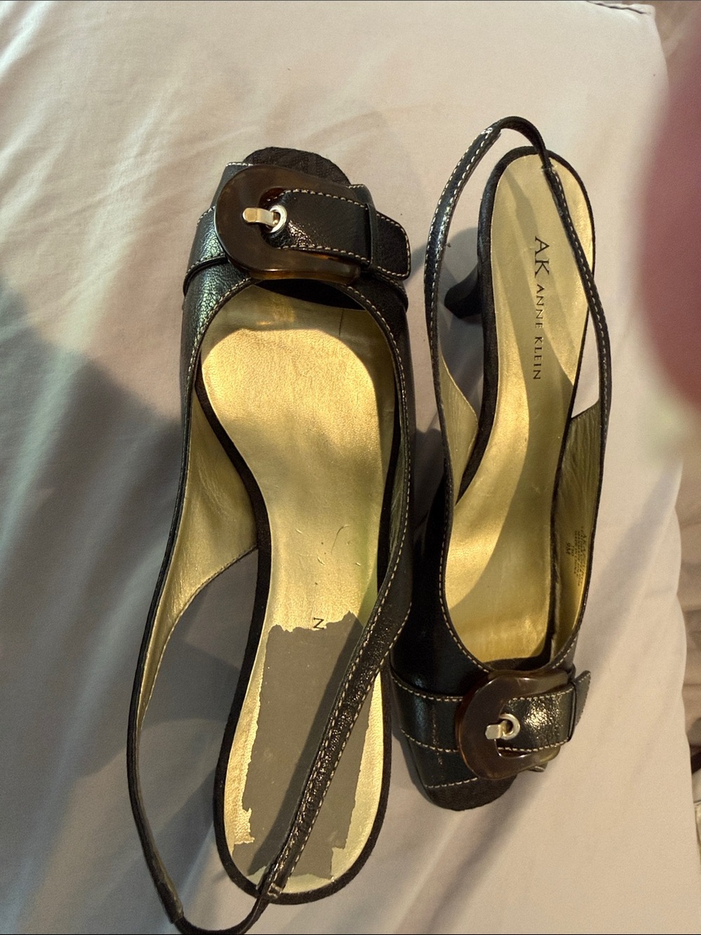 Anne Klein Black Slingback Heels with Gold Insole and Buckle
